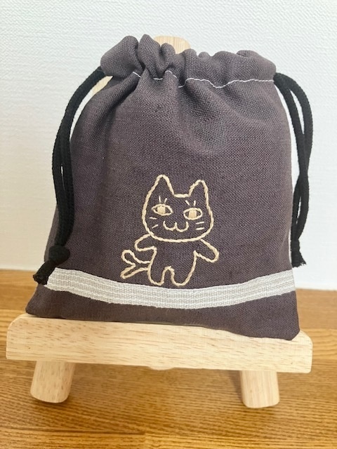 ちび猫又巾着（茶色）