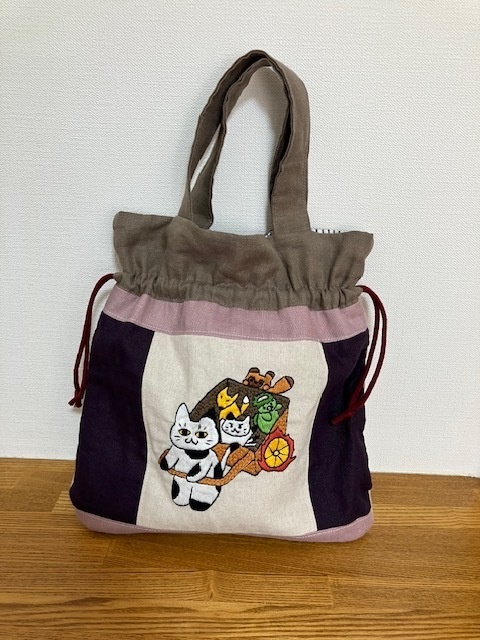 刺繍巾着バッグ　火車でお出かけ
