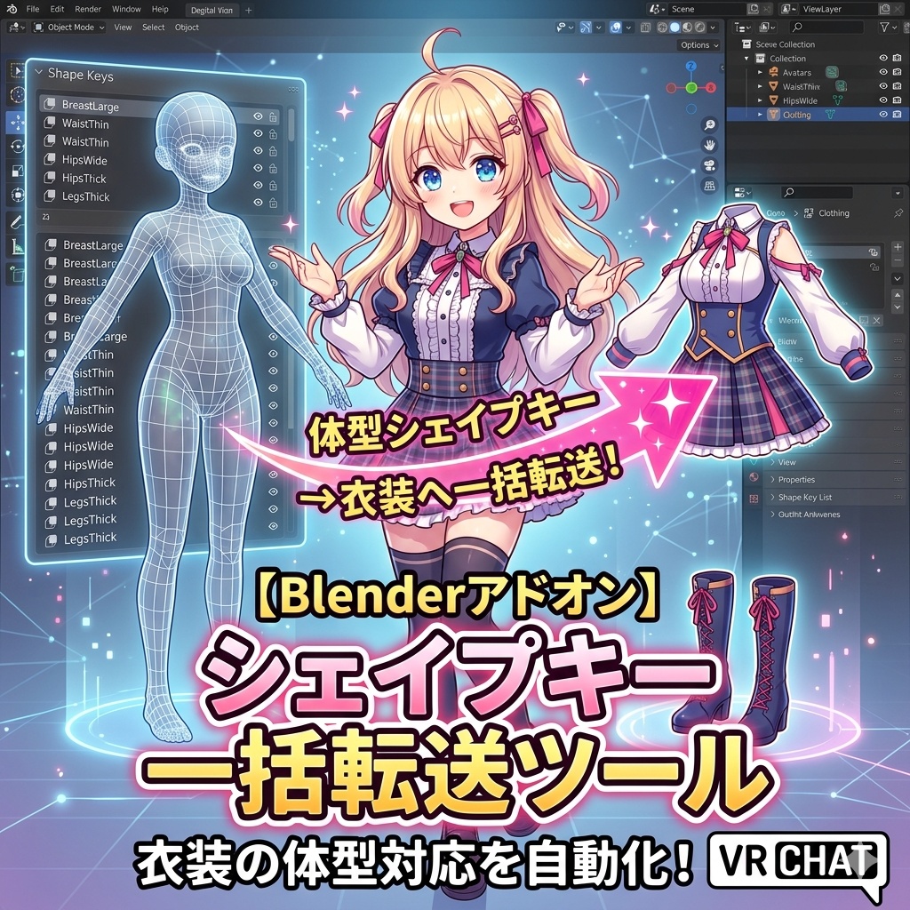 【Blenderアドオン】シェイプキー一括転送ツール|衣装の体型対応を自動化|VRChat