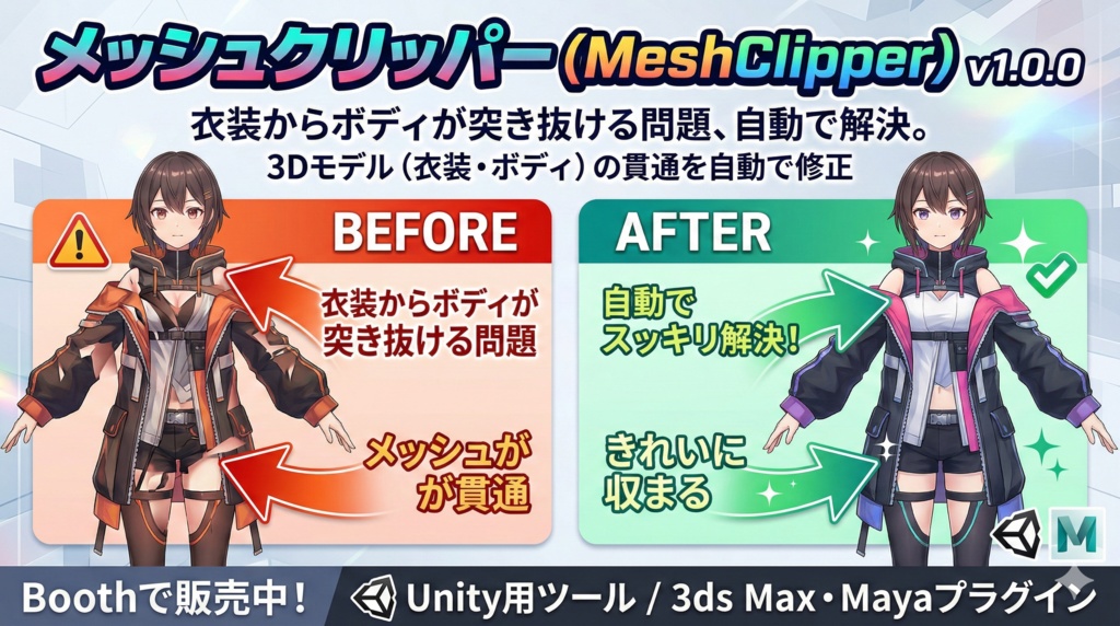 メッシュクリッパー (MeshClipper) v1.0.0 衣装からボディが突き抜ける問題、自動で解決。