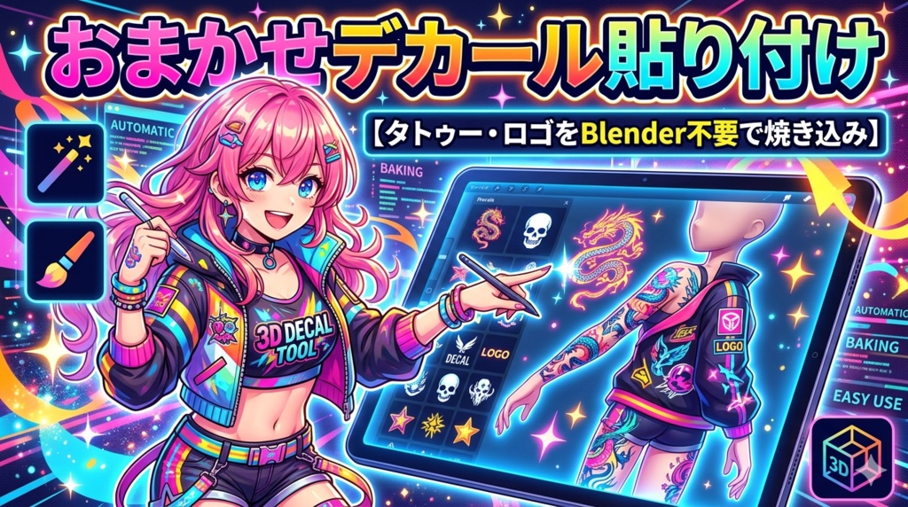 おまかせデカール貼り付け【タトゥー・ロゴをBlender不要で焼き込み】