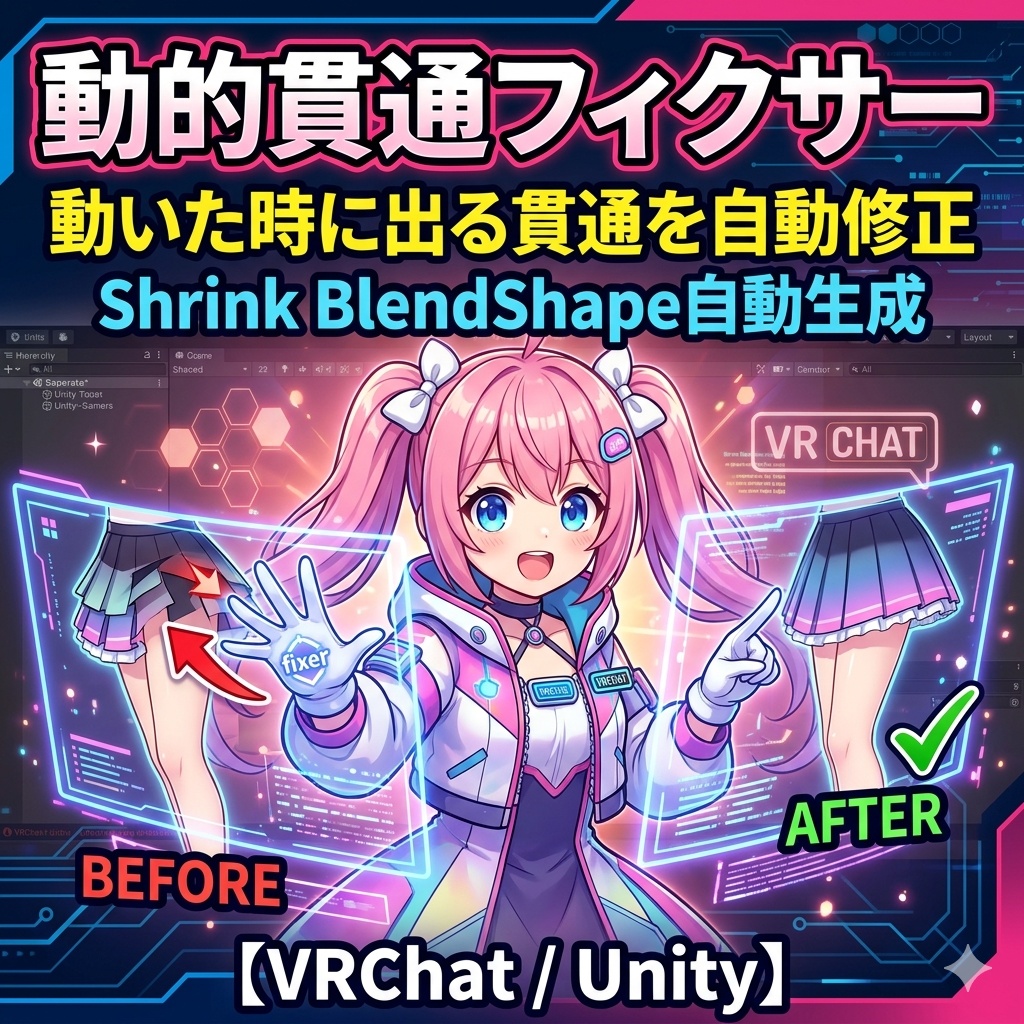 動的貫通フィクサー - 動いた時に出る貫通を自動修正 Shrink BlendShape自動生成【VRChat Unity】da