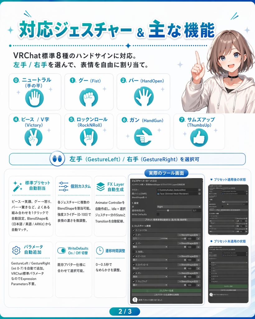ジェスチャーメーカー - ハンドサイン8種に表情を1クリック配線 FX Layer自動生成【VRChat Unity】