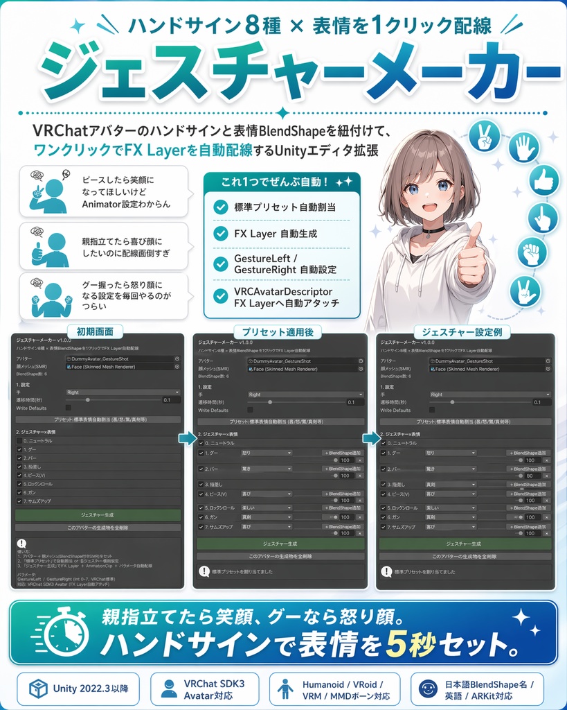 ジェスチャーメーカー - ハンドサイン8種に表情を1クリック配線 FX Layer自動生成【VRChat Unity】