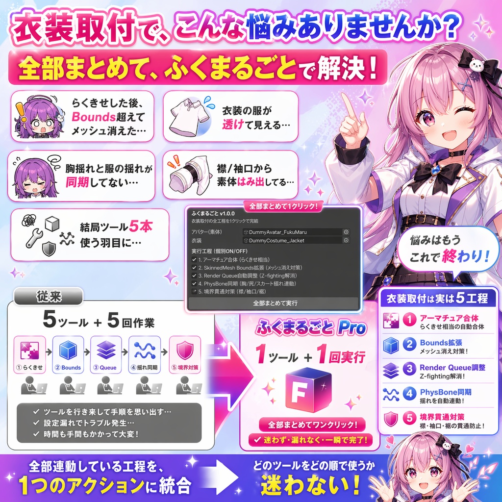 ふくまるごと【衣装取付の全工程(合体+Bounds+Queue+揺れ同期+境界対策)を1クリック完結】