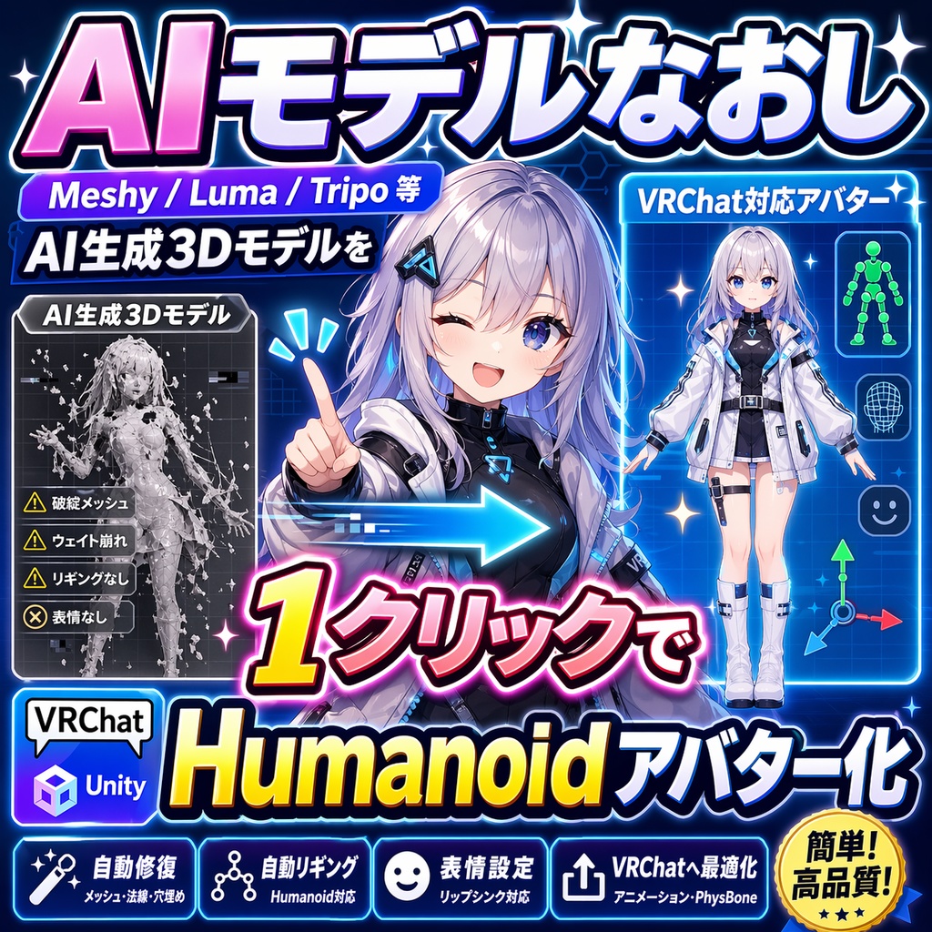 AIモデルなおし - Meshy/Luma/Tripo等AI生成3DモデルをVRChat Humanoidアバターに1クリック変換【VRChat Unity】