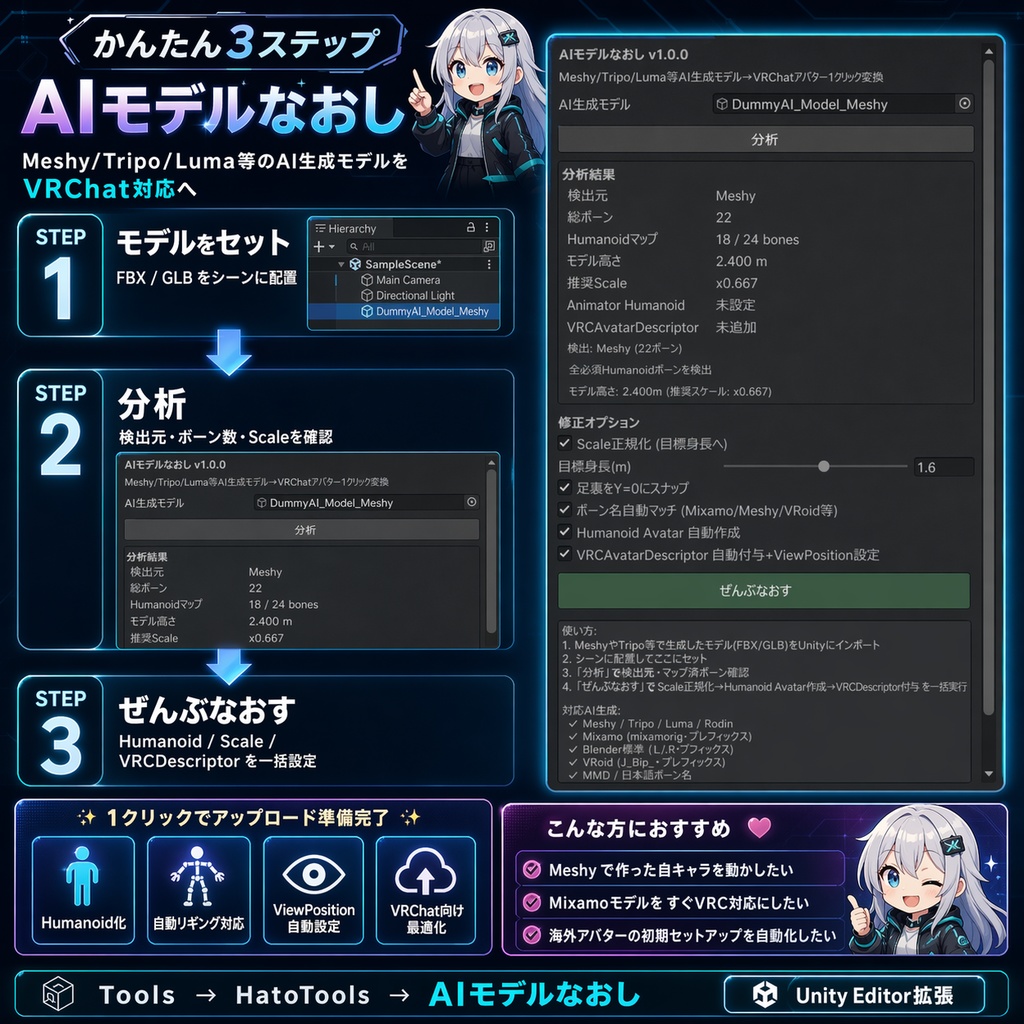 AIモデルなおし - Meshy/Luma/Tripo等AI生成3DモデルをVRChat Humanoidアバターに1クリック変換【VRChat Unity】
