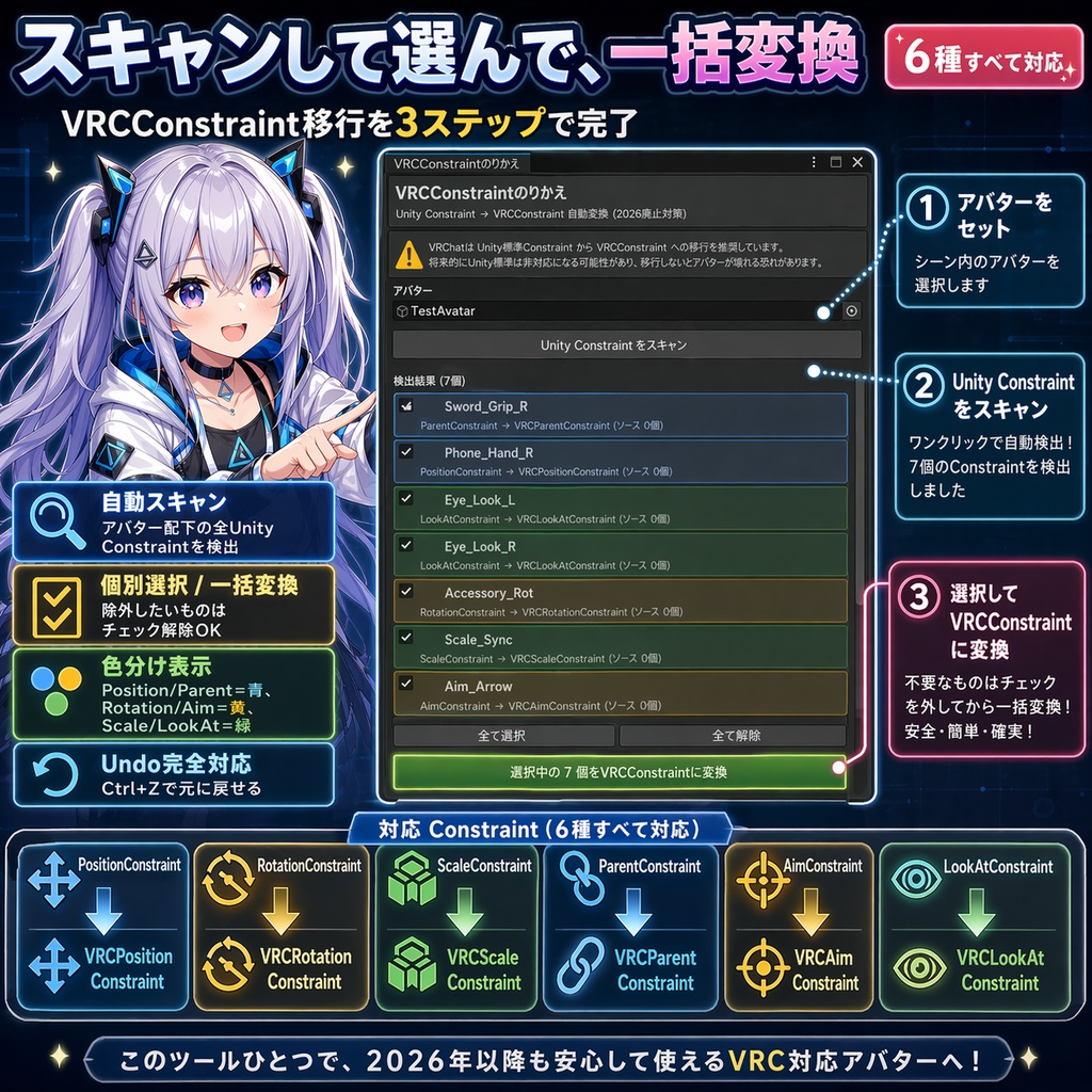 VRCConstraintのりかえ - Unity Constraint を VRCConstraint に1クリック一括変換 (2026廃止対策)【VRChat Unity】