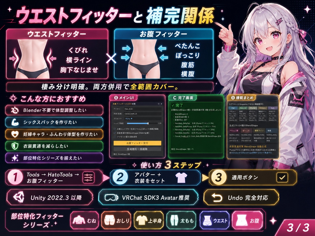 お腹フィッター - ぺたんこ・ぽっこり・腹筋・横腹を1クリックBlendShape自動生成【VRChat 体型カスタム】