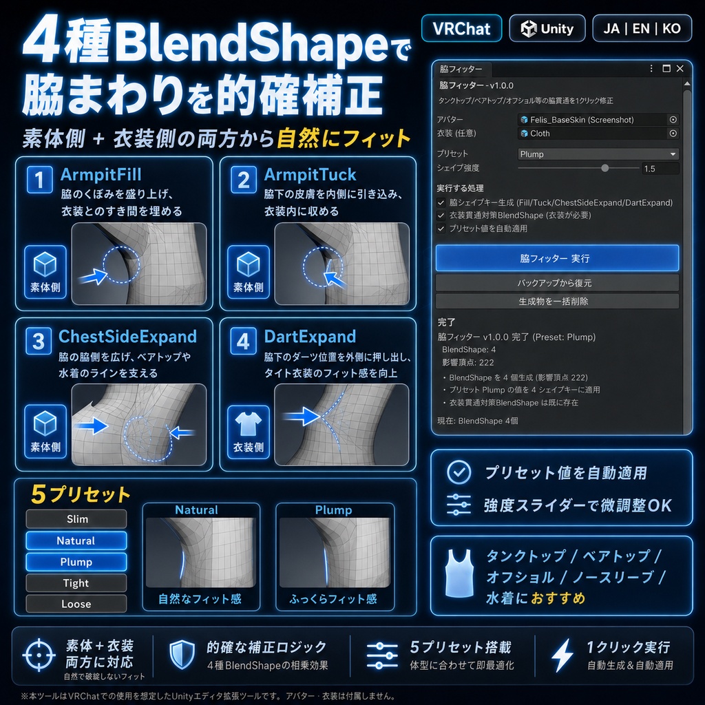 脇フィッター - タンクトップ/ベアトップ/オフショル等の脇貫通を1クリック自動修正【VRChat Unity】【JA,En,Ko】