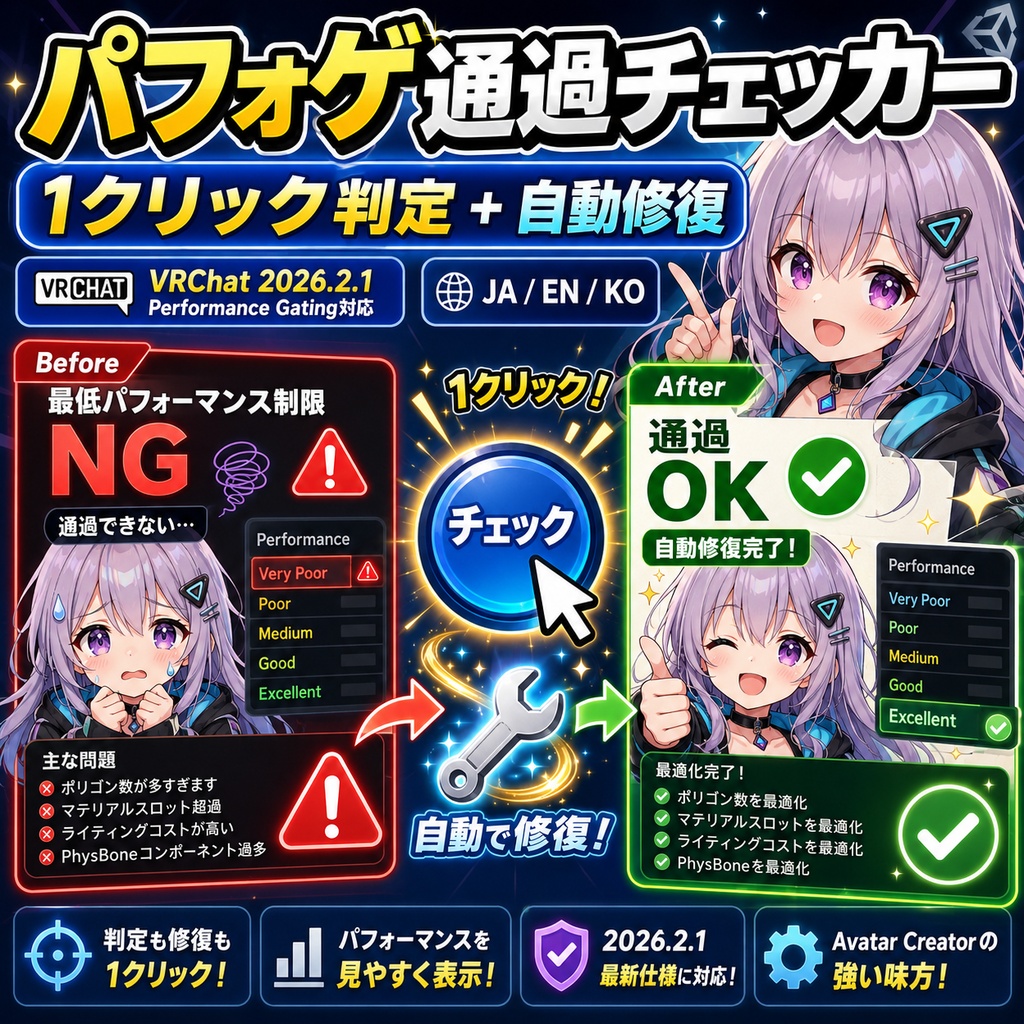 パフォゲ通過チェッカー - グループの最低パフォーマンス制限を通過できるか1クリック判定+自動修復【VRChat 2026.2.1 Performance Gating対応】【JA,En,Ko】
