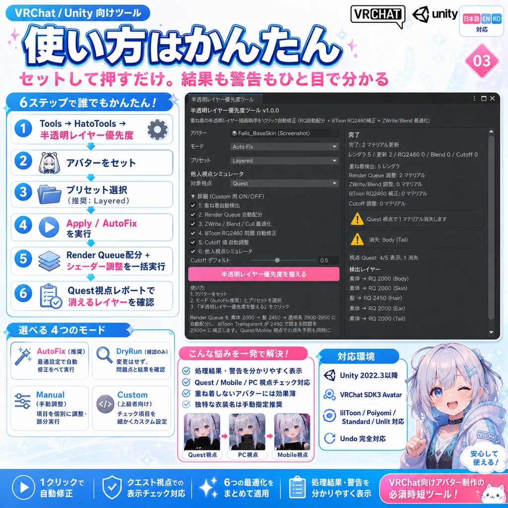 半透明レイヤー優先度ツール - 重ね着の服が消える/光るを1クリック自動修正 lilToon RQ2460問題対応【VRChat Unity】【JA,En,Ko】