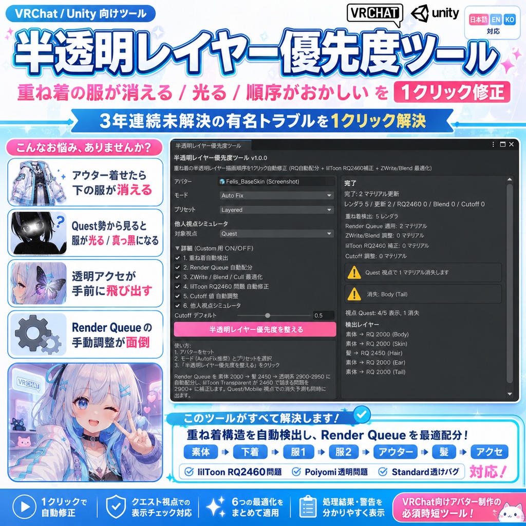 半透明レイヤー優先度ツール - 重ね着の服が消える/光るを1クリック自動修正 lilToon RQ2460問題対応【VRChat Unity】【JA,En,Ko】