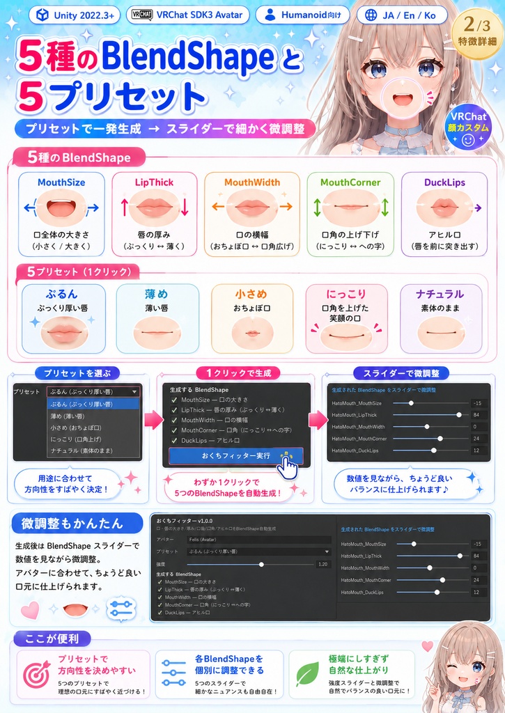 おくちフィッター - 口・唇の大きさ/厚み/口角/アヒル口を1クリックBlendShape自動生成【VRChat 顔カスタム】【JA,En,Ko】