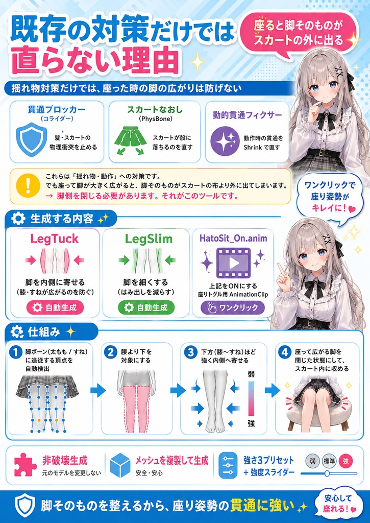 座り貫通なおし - 座ると脚がスカートから出る貫通をワンクリック対策 (脚を閉じる座り用BlendShape+トグルClip)【VRChat Unity】【JA,En,Ko】