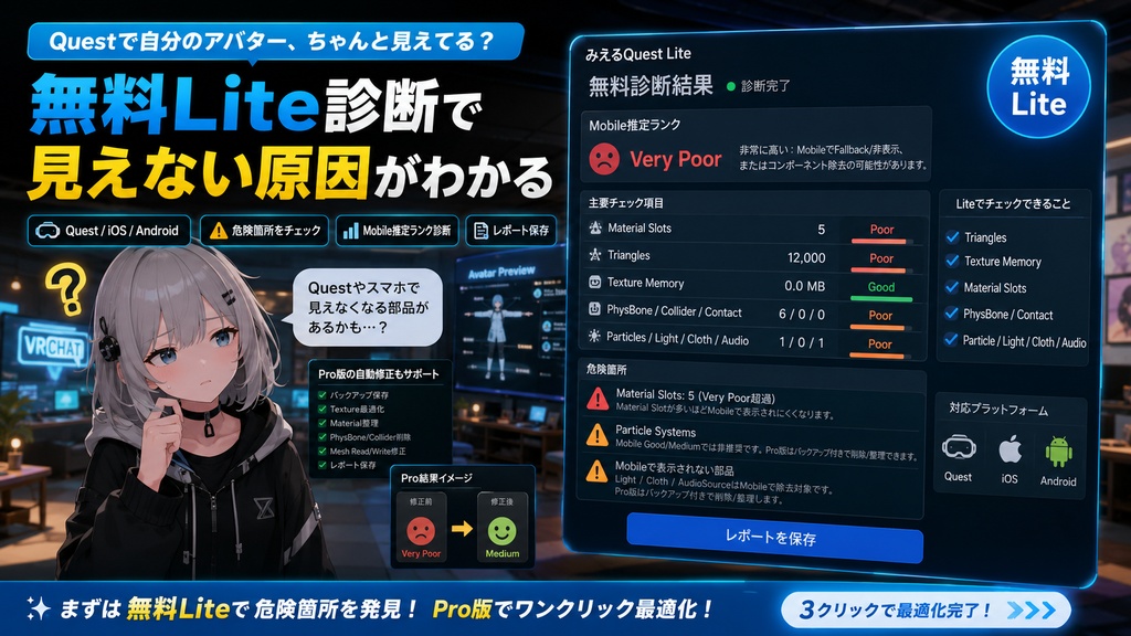 みえるQuestドクター - 無料診断Lite+700円Pro自動軽量化【VRChat Quest/iOS/Android】