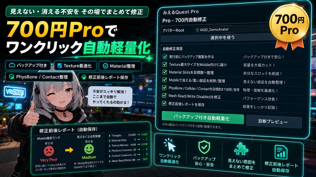 みえるQuestドクター - 無料診断Lite+700円Pro自動軽量化【VRChat Quest/iOS/Android】