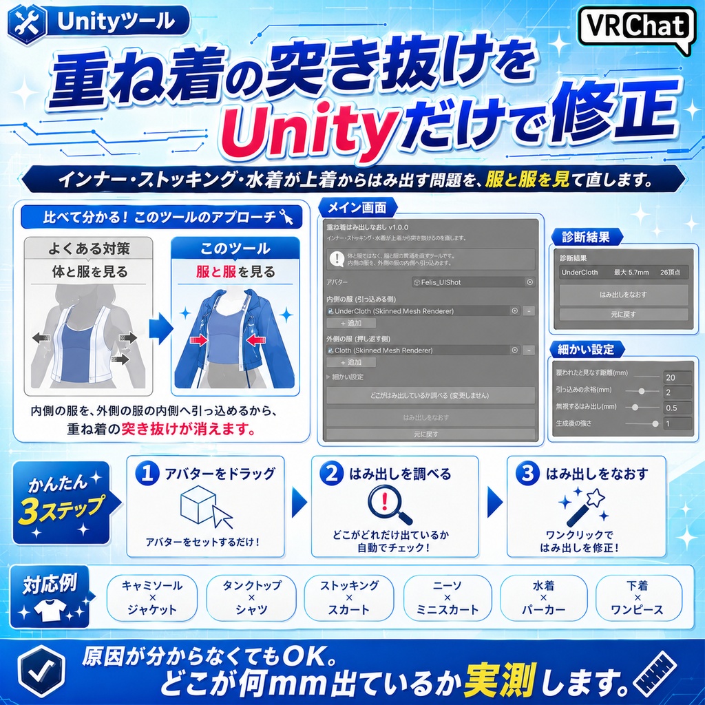 重ね着はみ出しなおし - インナー・ストッキング・水着が上着から突き抜けるのを直すUnityツール【VRChat】