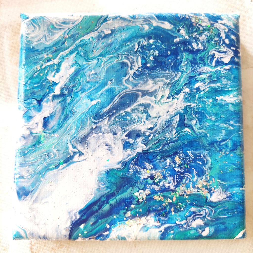 【石鹸水を混ぜた海のさざ波】ポーリングアート10×10×1.5cm送料込み