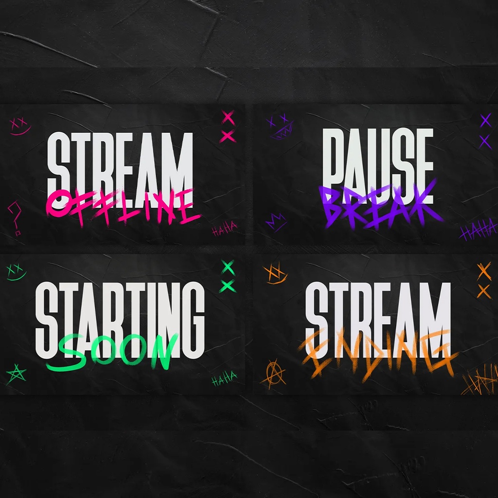 グランジ Twitch オーバーレイ、ストリーム パッケージ、フェイスカム、Twitch パネル、Twitch バナー、ストリーム オーバーレイ、まもなく開始、すぐに戻ります、ストリーム終了、シーン遷移