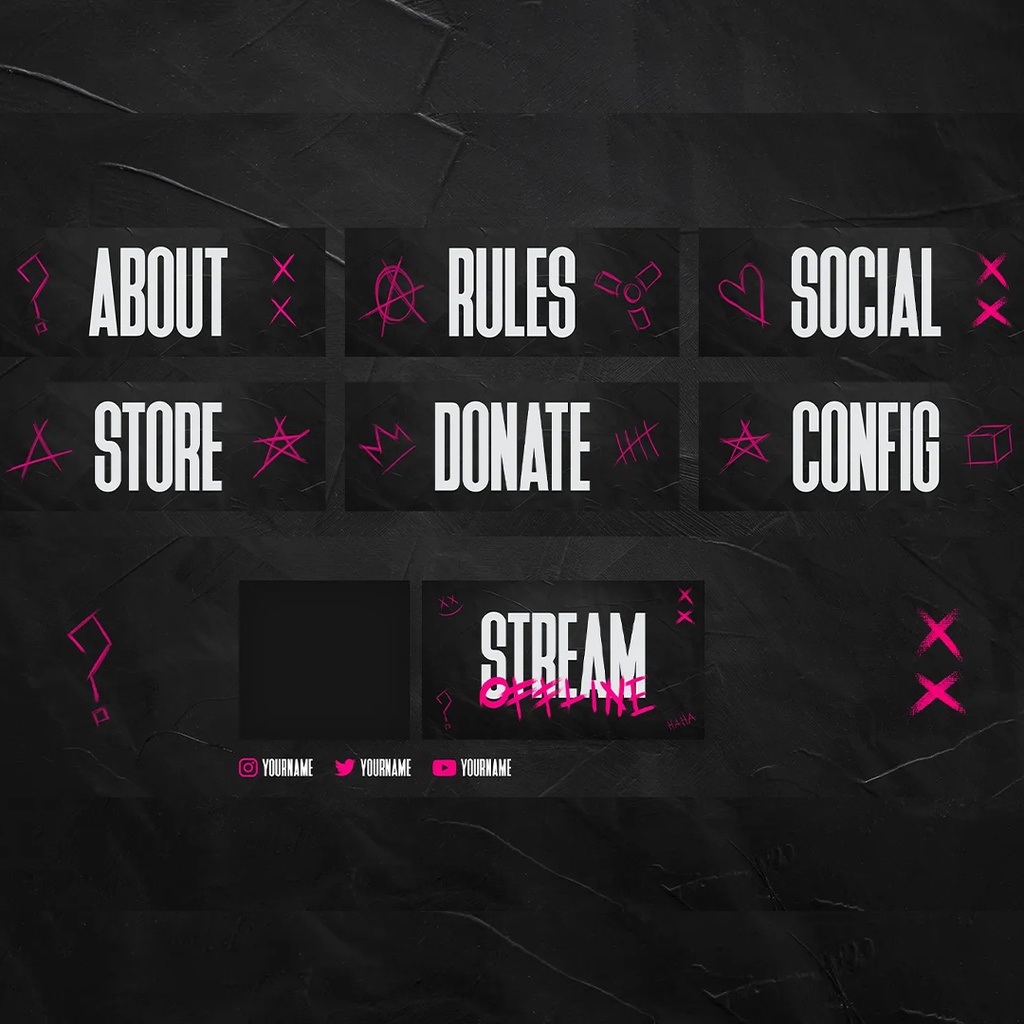 グランジ Twitch オーバーレイ、ストリーム パッケージ、フェイスカム、Twitch パネル、Twitch バナー、ストリーム オーバーレイ、まもなく開始、すぐに戻ります、ストリーム終了、シーン遷移