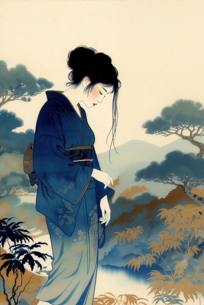 静かな藍の調べ 着物女性 浮世絵素材　フリー　AI作品