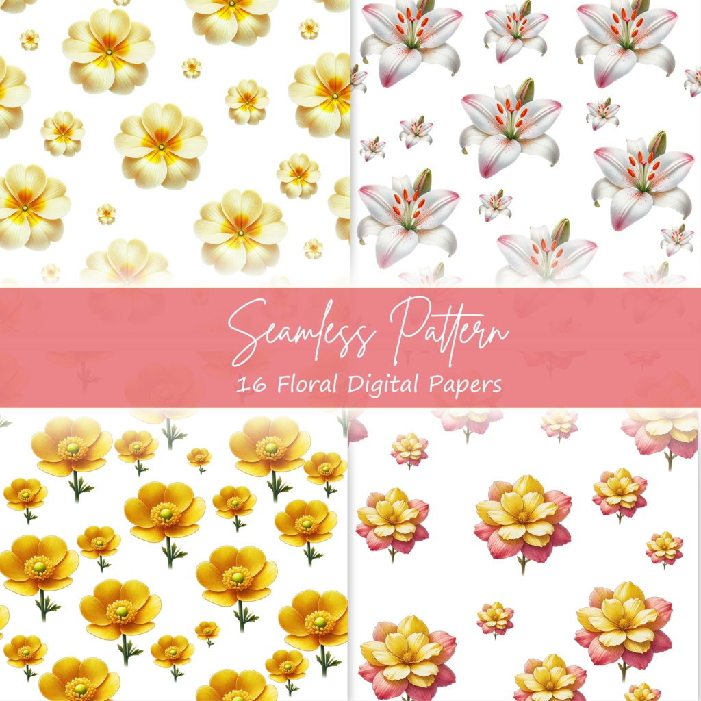 16 Floral Digital Paper Bundle, Seamless Patterns - Commercial use