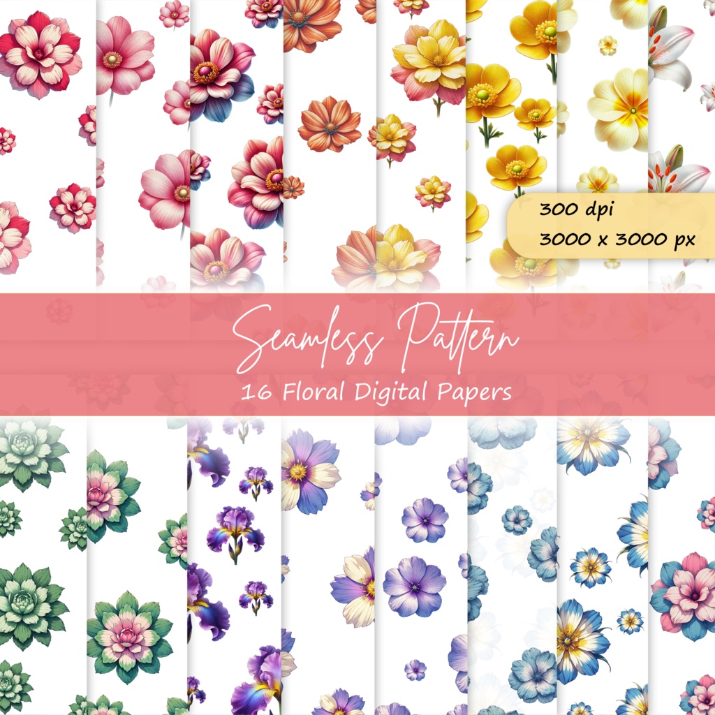 16 Floral Digital Paper Bundle, Seamless Patterns - Commercial use