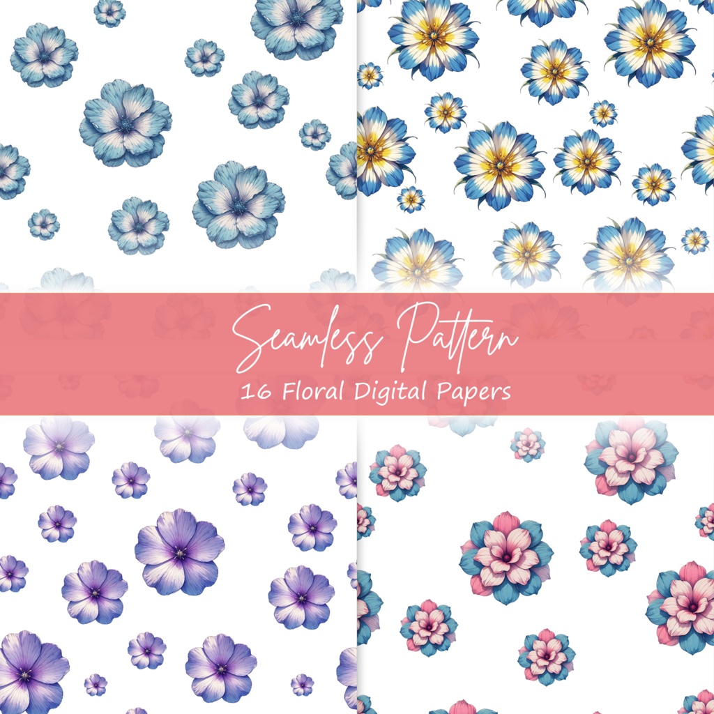 16 Floral Digital Paper Bundle, Seamless Patterns - Commercial use