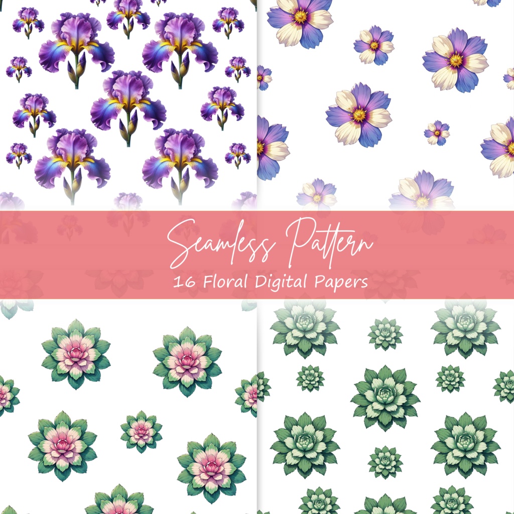 16 Floral Digital Paper Bundle, Seamless Patterns - Commercial use