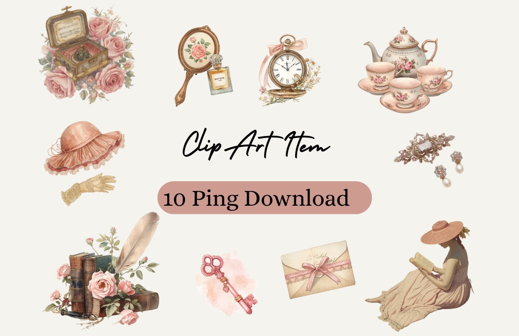 ピンク系アンティーク小物と人物イラスト ping 10セット