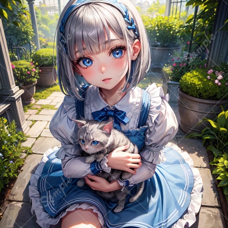 AI生成 猫を抱く白髪の女の子 アイコンに最適