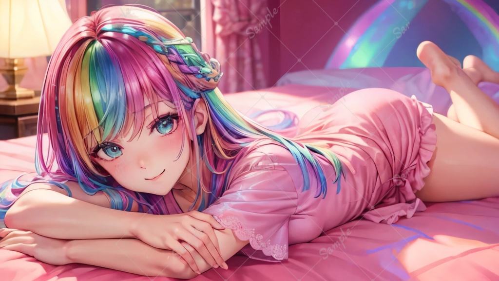 【配信用サムネイルに】虹髪パジャマAIイラストVer1