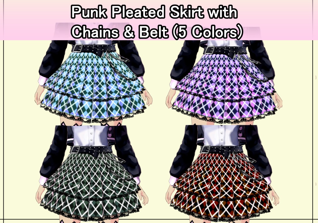 【VRoid】Punk Pleated Skirt with Chains & Belt (5 Colors) / 地雷系プリーツスカート