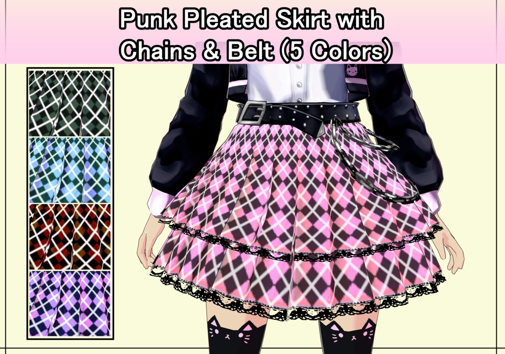 【VRoid】Punk Pleated Skirt with Chains & Belt (5 Colors) / 地雷系プリーツスカート
