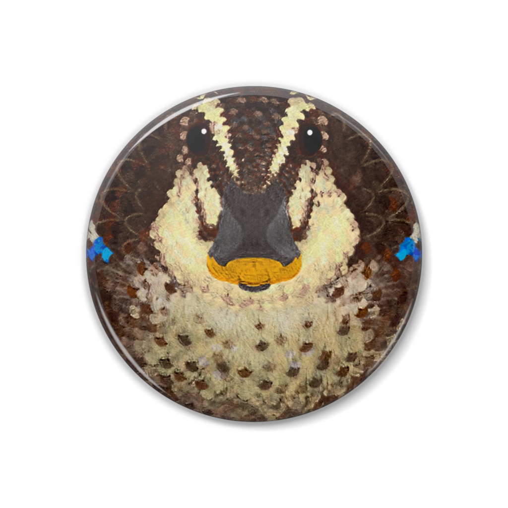 カルガモ、オス、足なし【鳥のフェルト風缶バッチ】MDL.Mame