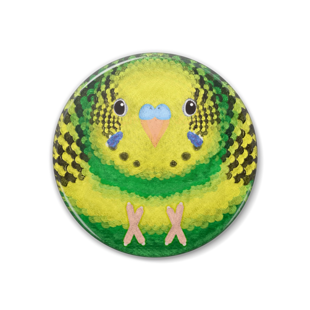 セキセイインコ、パイド、グリーン、オス【まるい鳥の缶バッチ】