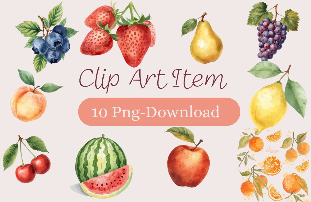 水彩画風・アンティーク　果物クリップアート　10点セット（PNG形式）