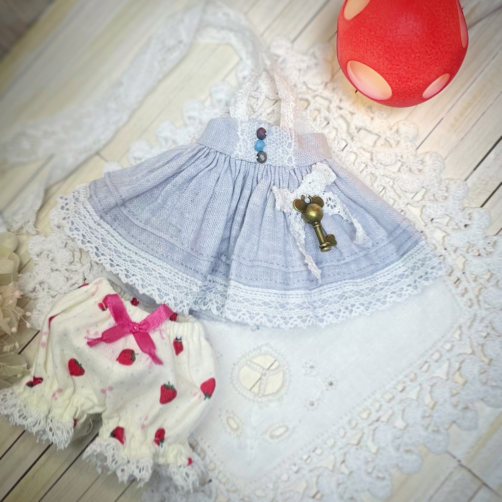 PocketKumakoちゃん お洋服 * キャミソールワンピース&ドロワーズセット*アイスグレー /puyoodoll