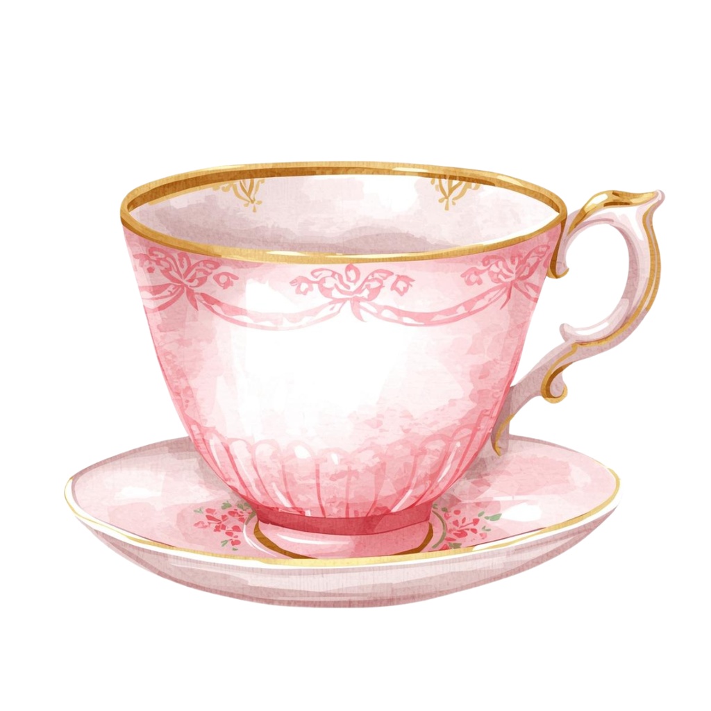 水彩ピンクのアンティーク・ティータイム クリップアート15点セット|PNG背景透過