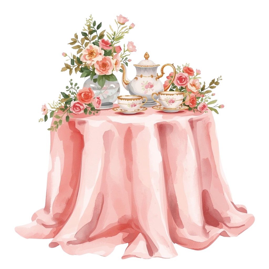 水彩ピンクのアンティーク・ティータイム クリップアート15点セット|PNG背景透過