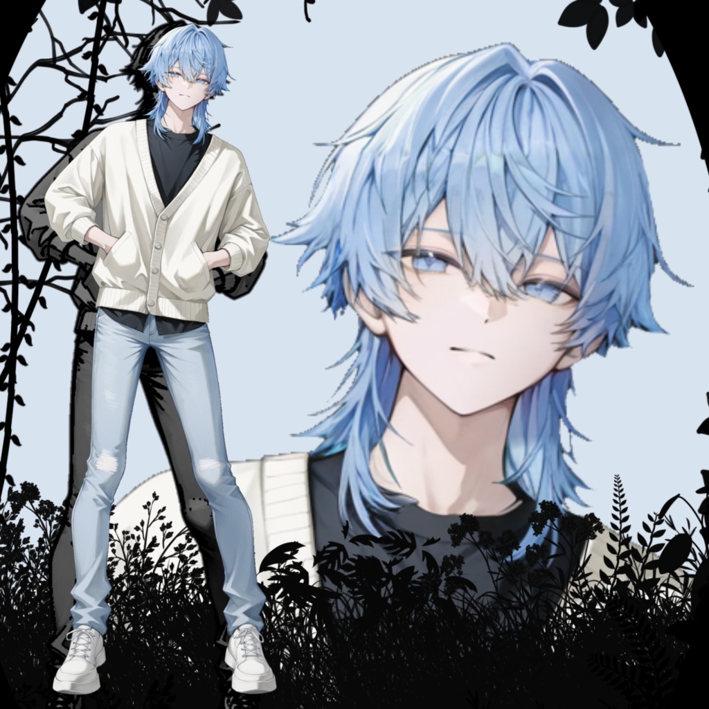 <002>立ち絵素材 私服 青髪 青年 男