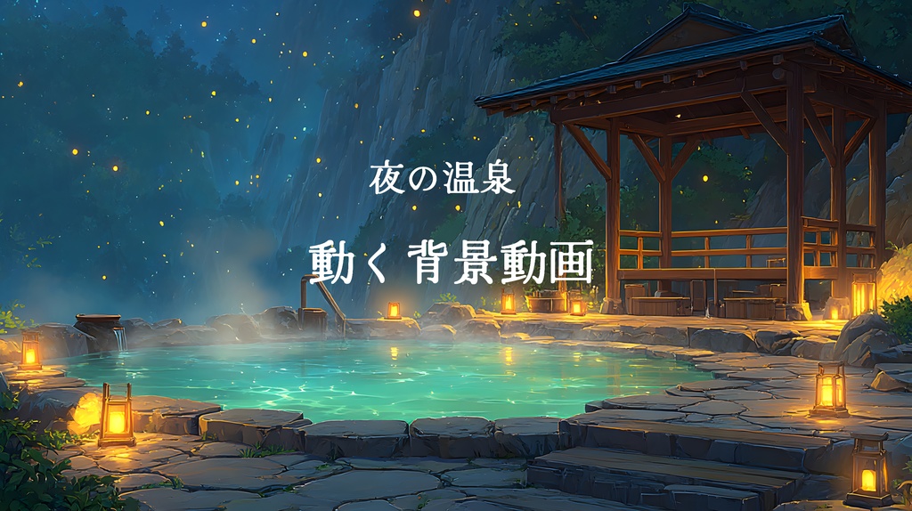 夜の温泉ループ動画素材｜湯が流れる癒し背景