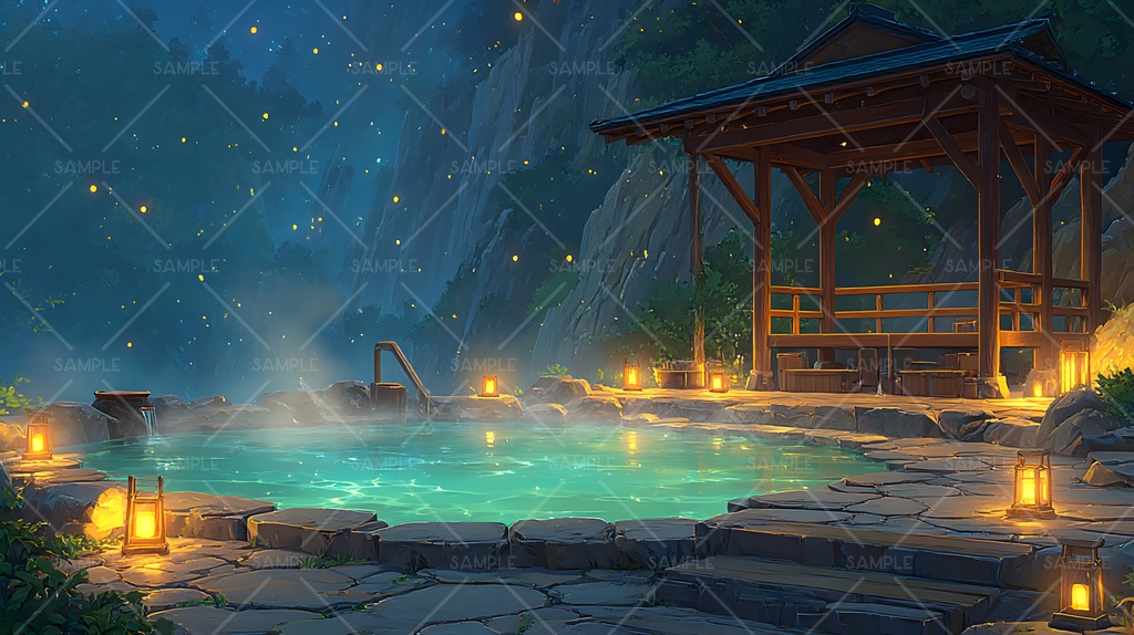 夜の温泉ループ動画素材|湯が流れる癒し背景