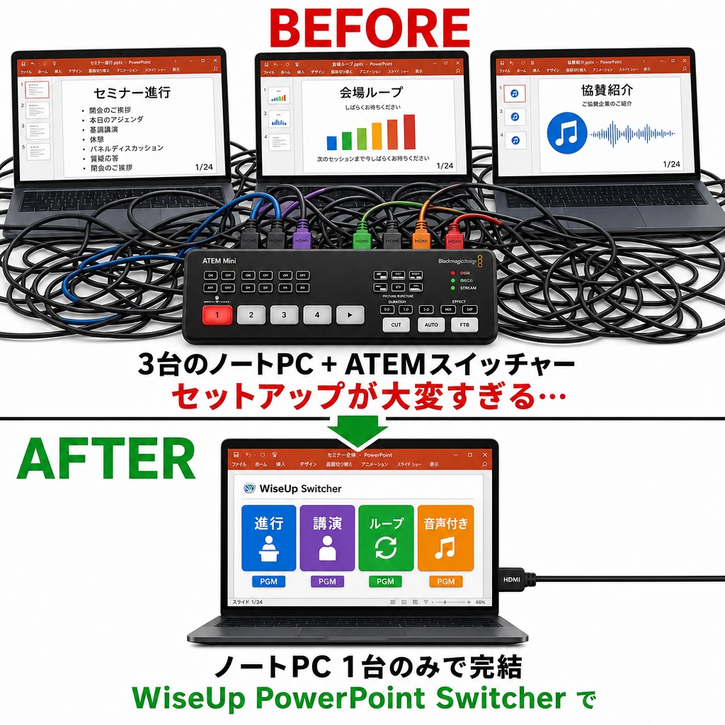 WiseUp PowerPoint Switcher — ATEM 風 PowerPoint スライド切替アプリ(PC 1 台で完結)
