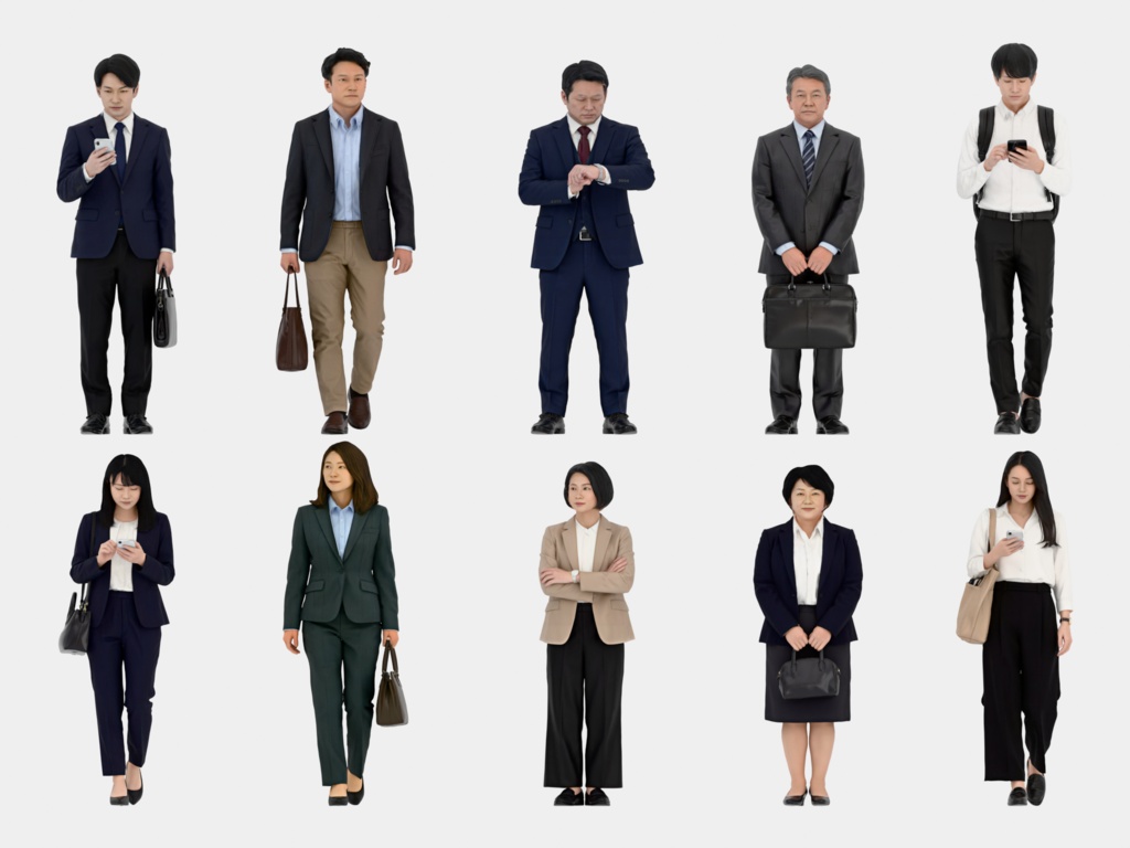Japanese 3D People Vol.01|日本人ビジネス 3D人物 10体【建築パース・添景】FBX/OBJ/glTF/Blender