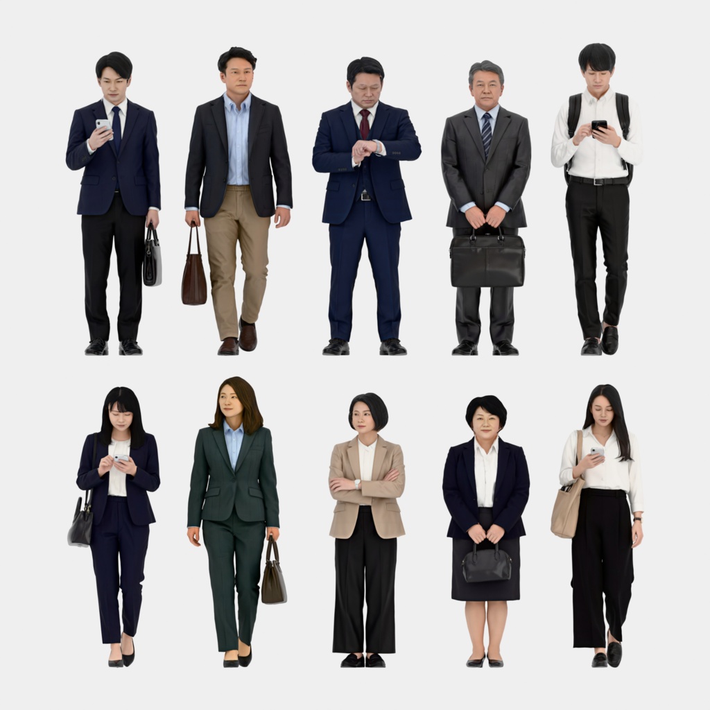Japanese 3D People Vol.01｜日本人ビジネス 3D人物 10体【建築パース・添景】FBX/OBJ/glTF/Blender