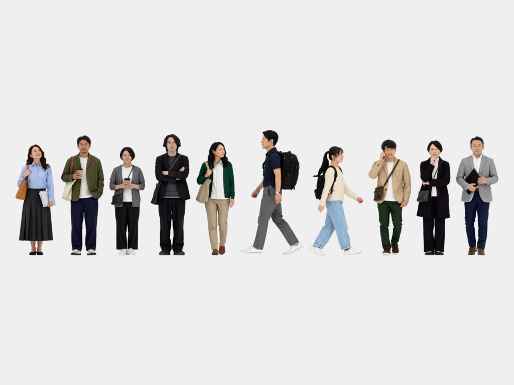 Japanese 3D People Vol.02|日本人カジュアル 3D人物 10体【建築パース・添景】FBX/OBJ/glTF/Blender
