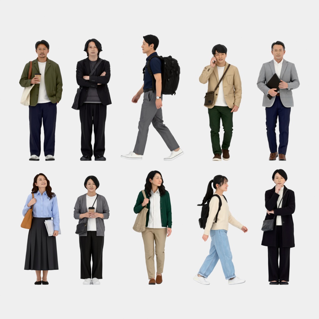 Japanese 3D People Vol.02｜日本人カジュアル 3D人物 10体【建築パース・添景】FBX/OBJ/glTF/Blender