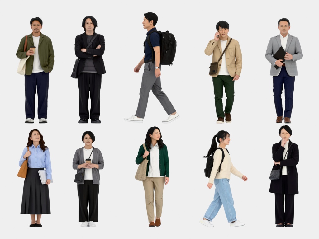 Japanese 3D People Vol.02|日本人カジュアル 3D人物 10体【建築パース・添景】FBX/OBJ/glTF/Blender